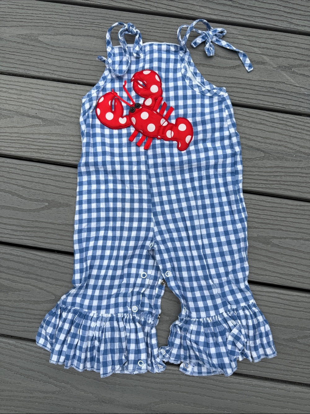 Mud Pie Blue Gingham Ruffle Strap Romper with Red Crab Applique